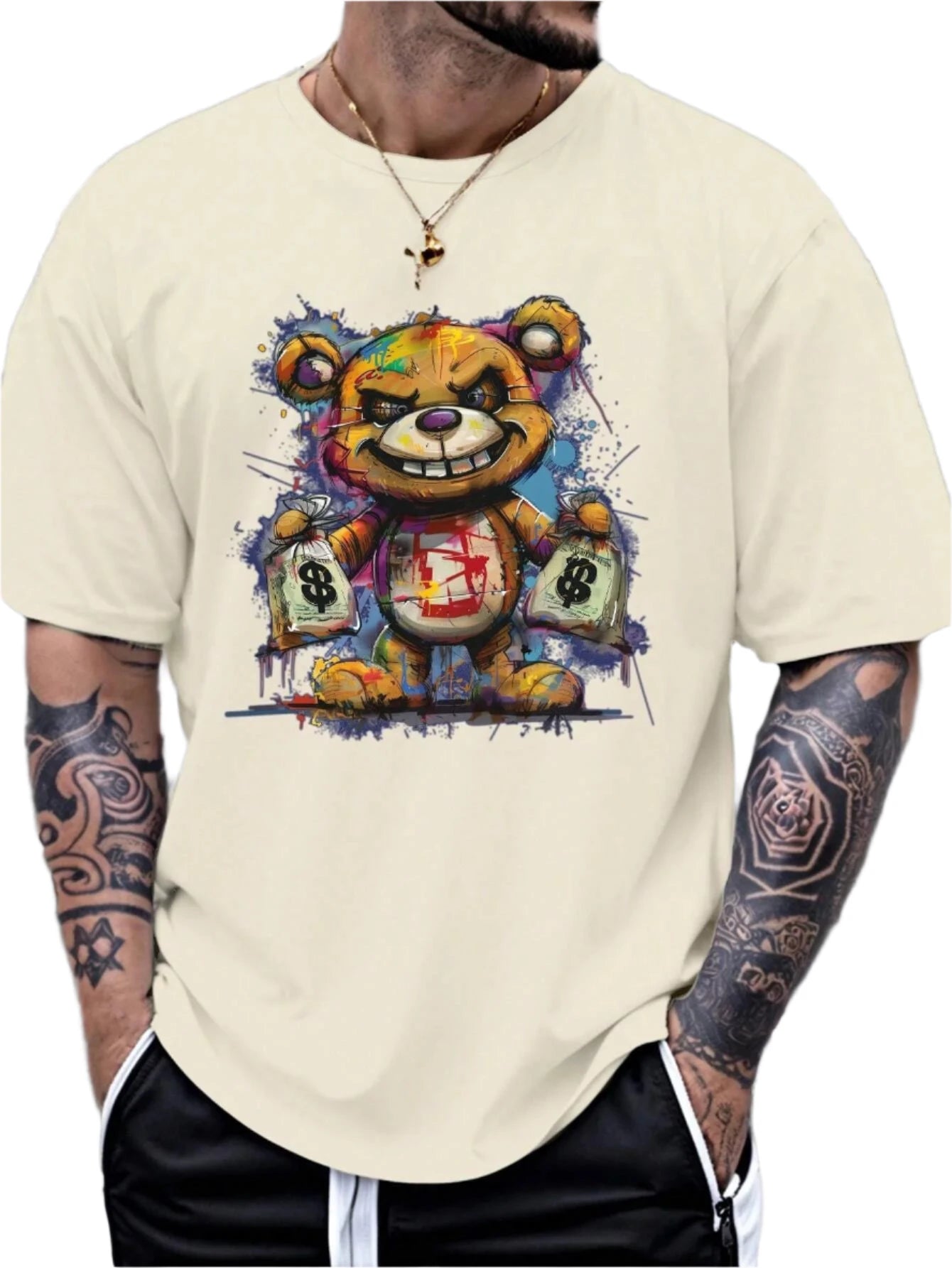 Men's 100% Cotton Summer Loose Size Cartoon Bear Pattern Printed Slim Fit Casual Sports round Neck Short Sleeved T-Shirt Top