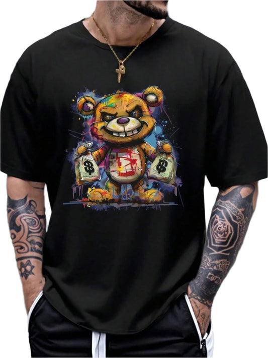 Men's 100% Cotton Summer Loose Size Cartoon Bear Pattern Printed Slim Fit Casual Sports round Neck Short Sleeved T-Shirt Top