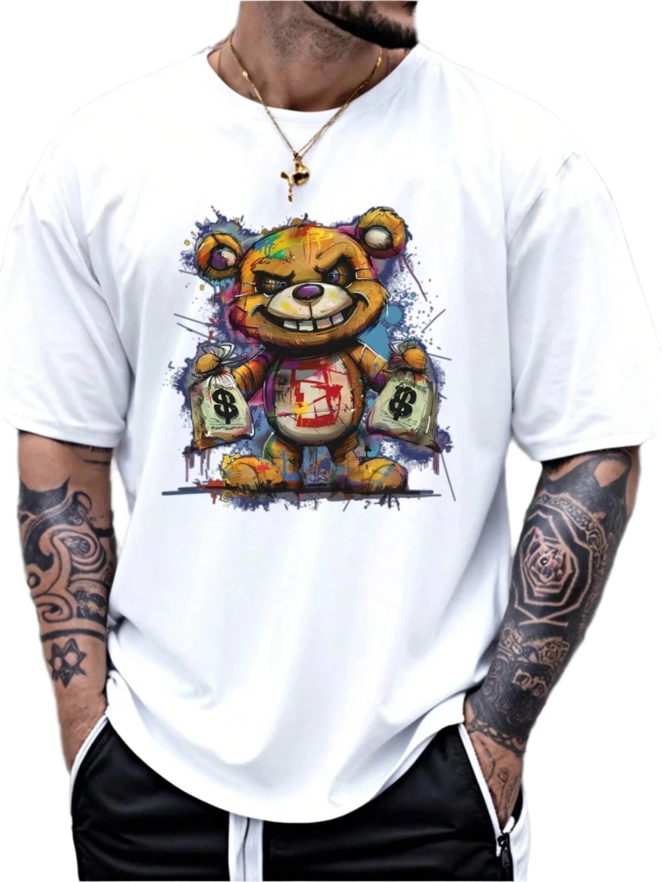 Men's 100% Cotton Summer Loose Size Cartoon Bear Pattern Printed Slim Fit Casual Sports round Neck Short Sleeved T-Shirt Top