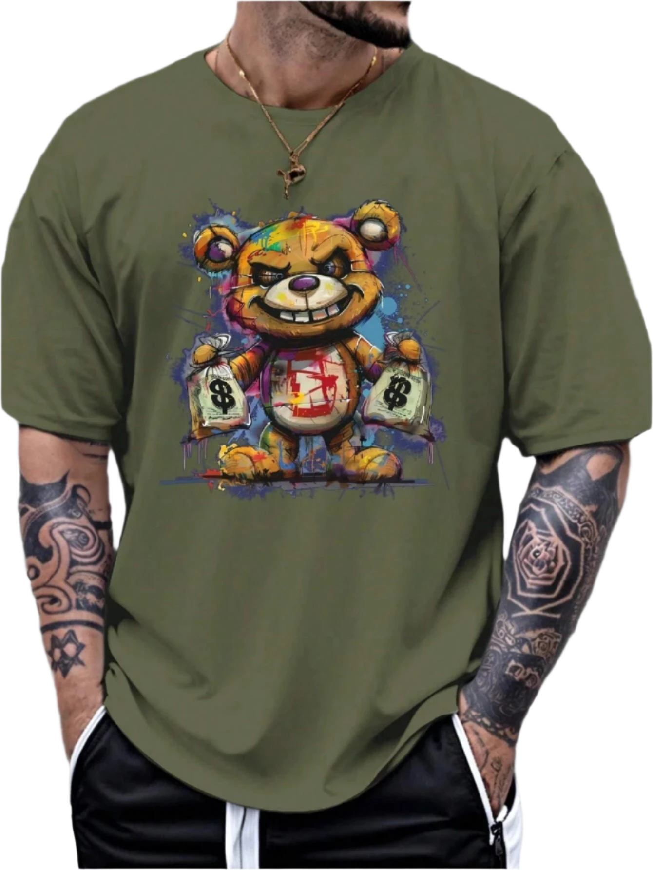 Men's 100% Cotton Summer Loose Size Cartoon Bear Pattern Printed Slim Fit Casual Sports round Neck Short Sleeved T-Shirt Top